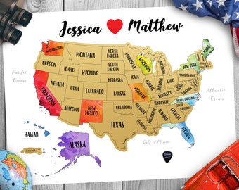 24"x18" - Personalized Scratch-Off United States of America Map - Golden Scratch-off surface  -  Watercolor - Made in USA