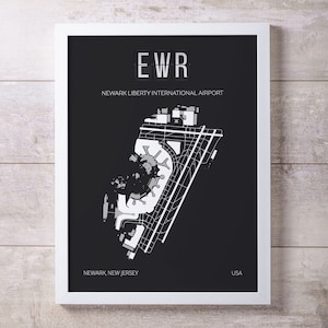 May include: Black and white airport map print with the text "EWR NEWARK LIBERTY INTERNATIONAL AIRPORT" and "NEWARK, NEW JERSEY USA".