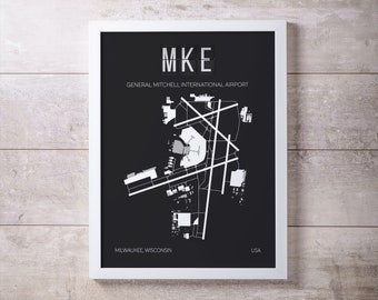 MKE Milwaukee Mitchell International Airport Map Print, Wisconsin, Minimalist Home Decor, Gift for Aviation Enthusiasts, Gift for Pilots