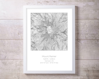 Mt Rainier, Washington, Elevation Topography Print Wall Art