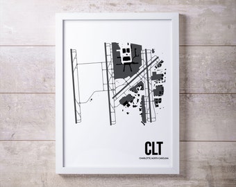 Impression de carte de l'aéroport international CLT Charlotte Douglas, Charlotte, Caroline du Nord, décoration d'intérieur minimaliste, cadeau pour les passionnés d'aviation, cadeau pour les pilotes