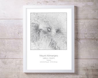 Mt Kilimanjaro, Tanzania Topography Elevation Print Wall Art