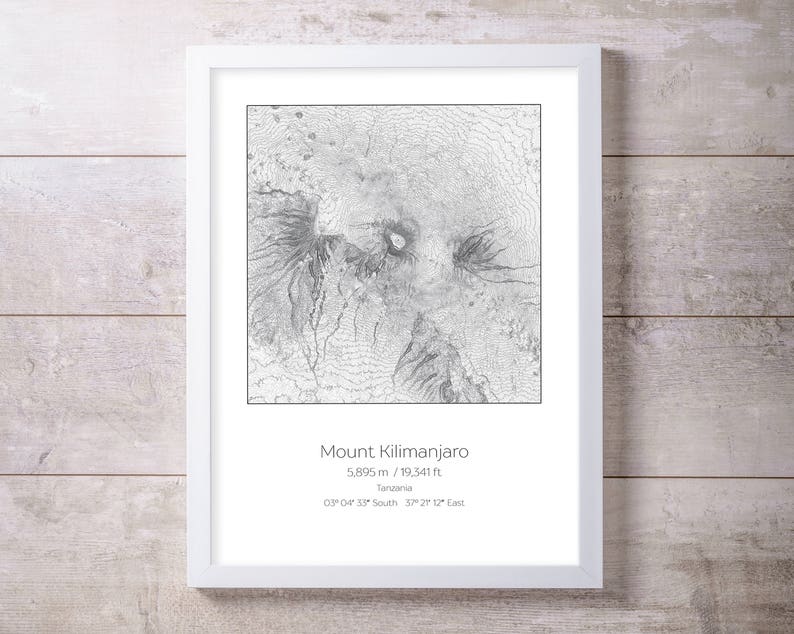 Mt Kilimanjaro, Tanzania Topography Elevation Print Wall Art image 1