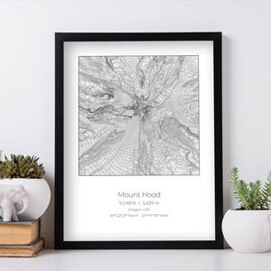 May include: A black framed print of a topographic map of Mount Hood, Oregon. The print includes the mountain's elevation, 11,249 ft / 3429 m, and coordinates, 45&deg; 22'25" North 121&deg; 45'47" West.