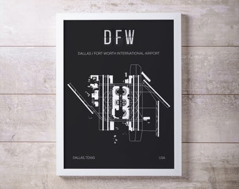 DFW Dallas Fort Worth International Airport Print Map Wall Art