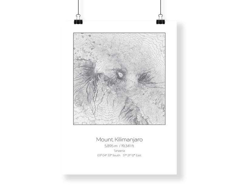 Mt Kilimanjaro, Tanzania Topography Elevation Print Wall Art image 4