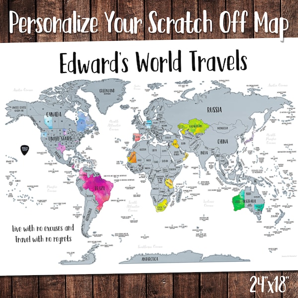 Personalized Scratch Off World Map with Scratch-off Foil with Vibrant Watercolor, 24x18", Made in USA, Gift for Travelers, Home Decor