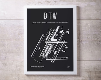 DTW Detroit MetropolitanAirport Print Map Wall Art - Frame not included