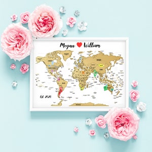 WEDDING Personalized SCRATCH Gift - 24"x18" - Unique for them World Map with Gold Foil Scratch off with vibrant Watercolor. Made in USA!