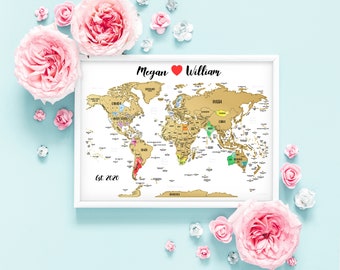 WEDDING Personalized SCRATCH Gift - 24"x18" - Unique for them World Map with Gold Foil Scratch off with vibrant Watercolor. Made in USA!