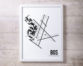 BOS Boston Logan International Airport Map Print, Boston, MA, Minimalist Home Decor, Gift for Aviation Enthusiasts, Gift for Pilots