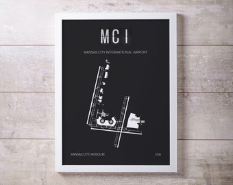 MCI Kansas City International Airport Print Map Wall Art