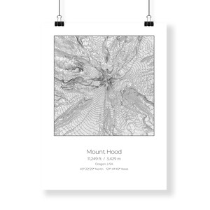 May include: A black and white topographic map of Mount Hood, Oregon, USA. The map shows the mountain's elevation contours and surrounding terrain. The text "Mount Hood", "11,249 ft / 3,429 m", "Oregon USA", "45&deg; 22'25" North 121&deg; 47'45" West" is printed below the map.