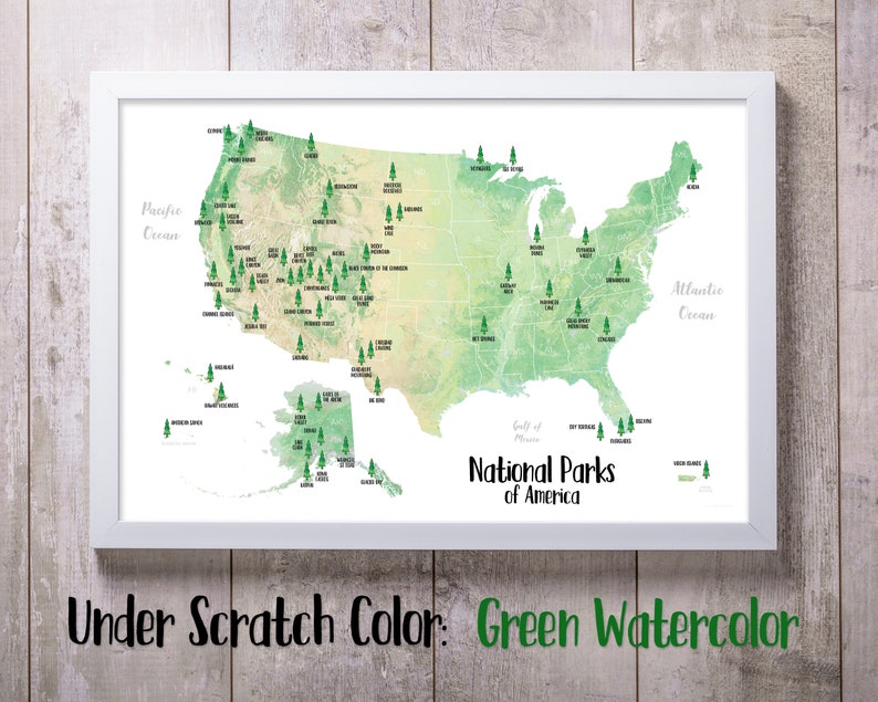 24x16 Scratch off your National Parks Adventures Map Gold Foil scratch off Made in USA Green Watercolor