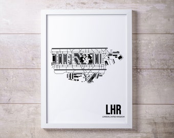 LHR Heathrow Airport Map Print, London, UK, Minimalist Home Decor, Gift for Aviation Enthusiasts, Gift for Pilots