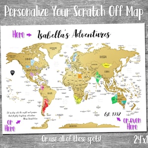 24 x 18 pouces - Carte du monde personnalisée à gratter « Créez le vôtre » avec feuille d'or Grattez avec une aquarelle éclatante. Fabriqué aux États-Unis !