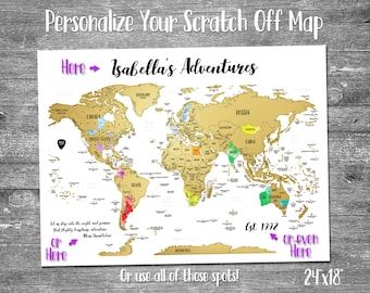 24&quot;x18&quot; - Custom Scratch Off &quot;Make It Your Own&quot; World Map with Gold Foil Scratch off with vibrant Watercolor. Made in USA!