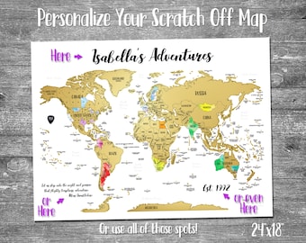 24"x18" - Custom Scratch Off "Make It Your Own" World Map with Gold Foil Scratch off with vibrant Watercolor. Made in USA!