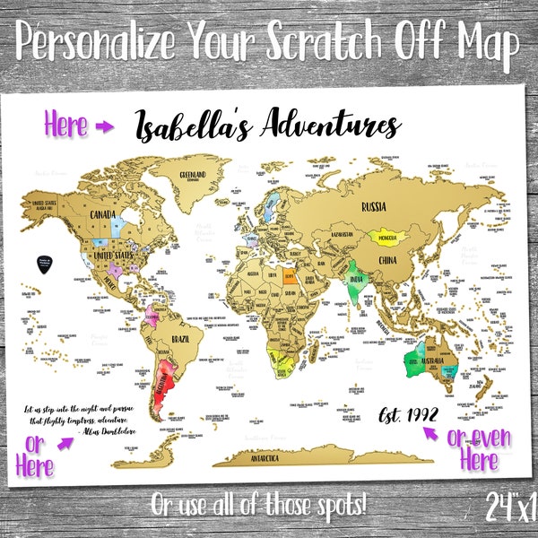 24"x18" - Custom Scratch Off "Make It Your Own" World Map with Gold Foil Scratch off with vibrant Watercolor. Made in USA!