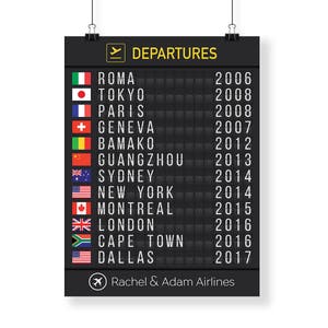 Puede incluir: Un tablero de salidas de aeropuerto en blanco y negro con un icono de avi&oacute;n amarillo y el texto "DEPARTURES". El tablero enumera los destinos de vuelo y las horas de salida para ciudades de todo el mundo, incluyendo Roma, Tokio, Par&iacute;s, Ginebra, Bamako, Guangzhou, Sydney, Nueva York, Montreal, Londres, Ciudad del Cabo y Dallas. El tablero tambi&eacute;n incluye el texto "Rachel & Adam Airlines".