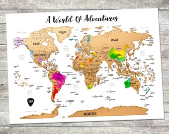 24"x18" - Scratch Off A World of Adventures Travel Map! With Gold Color Scratch-off Above Vibrant Watercolor Map. 100% Made in USA