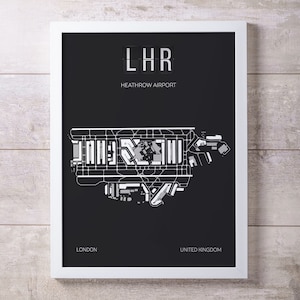 Impression de carte de l'aéroport LHR Londres Heathrow, Angleterre, Royaume-Uni, décoration d'intérieur, cadeau minimaliste pour les passionnés d'aviation, cadeau pour pilotes, art mural