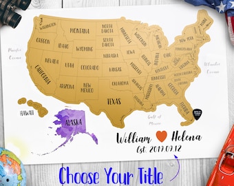 24&quot;x16&quot; - Personalized Scratch-Off United States of America Map - Golden Scratch-off surface  -  Watercolor - Made in USA