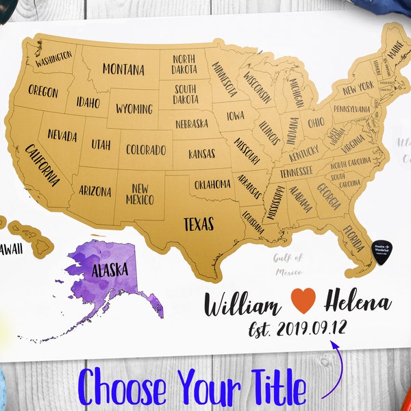 24"x16" - Personalized Scratch-Off United States of America Map - Golden Scratch-off surface  -  Watercolor - Made in USA