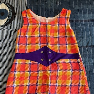 1960s 1970s Vintage Plaid Girl Kids Sleeveless Mod Mini Dress