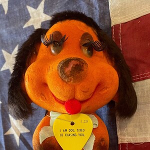1960s 1970s Vintage Felt & Fur Dog Bank by Regal Dragon Hong Kong I Am Dog Tired Of Chasing You Uncut