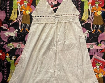 Antique White Cotton Step In Romper Nightgown w/Button Closure & Crochet Top 1900s