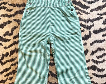 1960s Vintage Sears Jr Bazaar Green & White Striped Denim Overalls Bell Bottoms AS IS