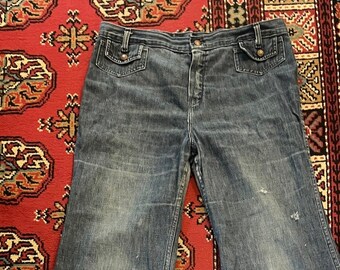 1970er Vintage Günstige Jeans High Taillierte Breite Bein Flare Jeans Hose 36&quot; Taille AS IS Distressed