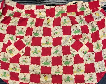 1950s 1960s Vintage Novelty Print Apron Nursery Rhymes Mother Goose Kids Stories