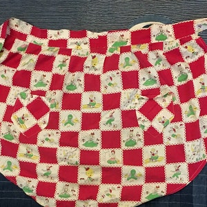 1950s 1960s Vintage Novelty Print Apron Nursery Rhymes Mother Goose Kids Stories