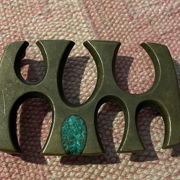 Vintage 1970s Brass Modernist Abstract Brutalist Turquoise Belt Buckle