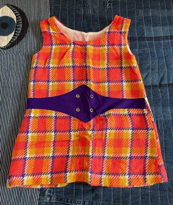 1960s 1970s Vintage Plaid Girl Kids Sleeveless Mod