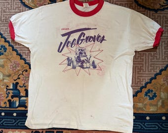 80er Jahre Vintage Joe Groves lustiges Auto Twister Racing Team Ringer T-Shirt AS IS Hot Rod ziehen