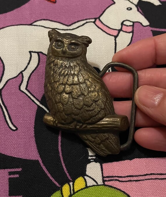 Vintage Solid Brass Owl Sitting on a Branch Belt Buckle  display picture 2