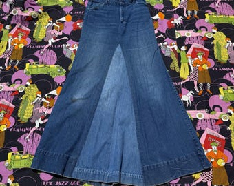 1970s Handmade Vintage Denim Jeans BOHO Patchwork Maxi Skirt SZ M
