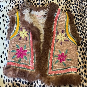 1960s Vintage Afghan Vest Shearling Silk Embroidered Waistcoat 1970s