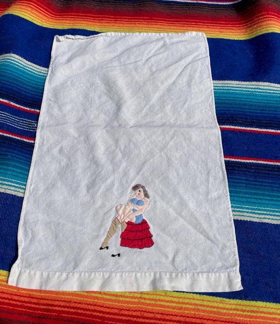 Amazing Vintage Embroidered Pin Up Girl Hankie Ha… - image 3