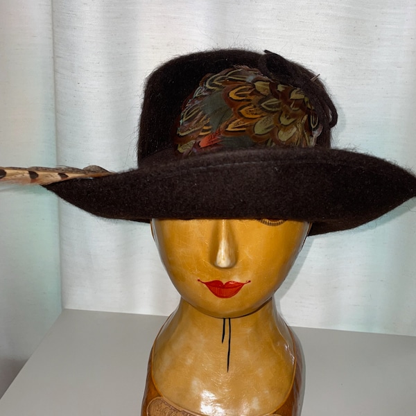 Vintage Melosoie Henry Pollak Inc New York Brown Wool Fuzzy Feather Hat