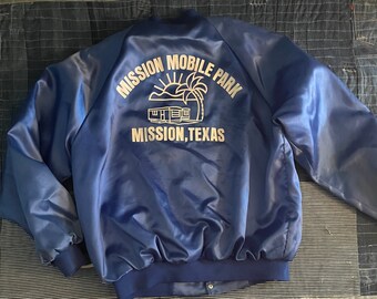 Vintage 80s 90s Blue Mens Satin Baseball Snap Jacket Mission Mobile Park Mission Texas