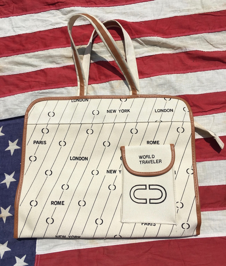 1980/'s World Traveler Vintage Canvas Heavy Duty Tote Bag London Paris New York Rome