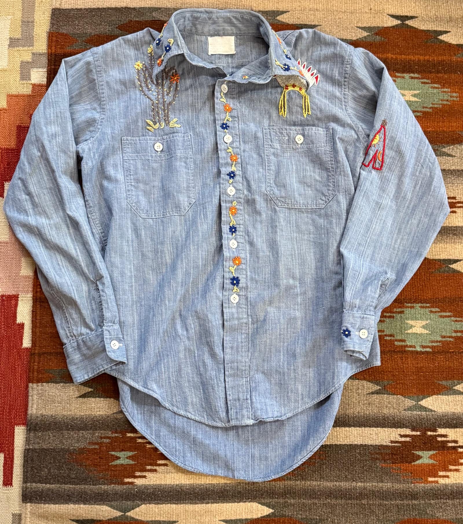 Vintage 70er 80er Blau Baumwolle Besticktes Button Down Shirt Eulen Blumen Hippie Boho Groovy Fun SZ M AS IS