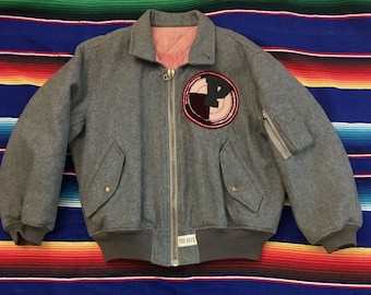 Vintage 1980s Gray Wool Pink House Bomber Letterman&#39;s Jacket Japan AS IS