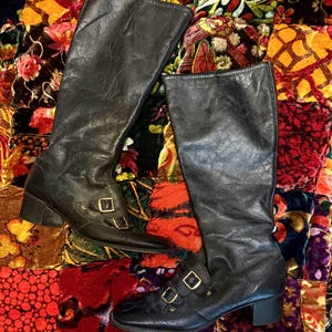 Vintage 1970s A Flings Creation Faux Leather Black Zipper Buckle Knee Hi Boots Go Go Style 1960s SZ 9 M Kinney