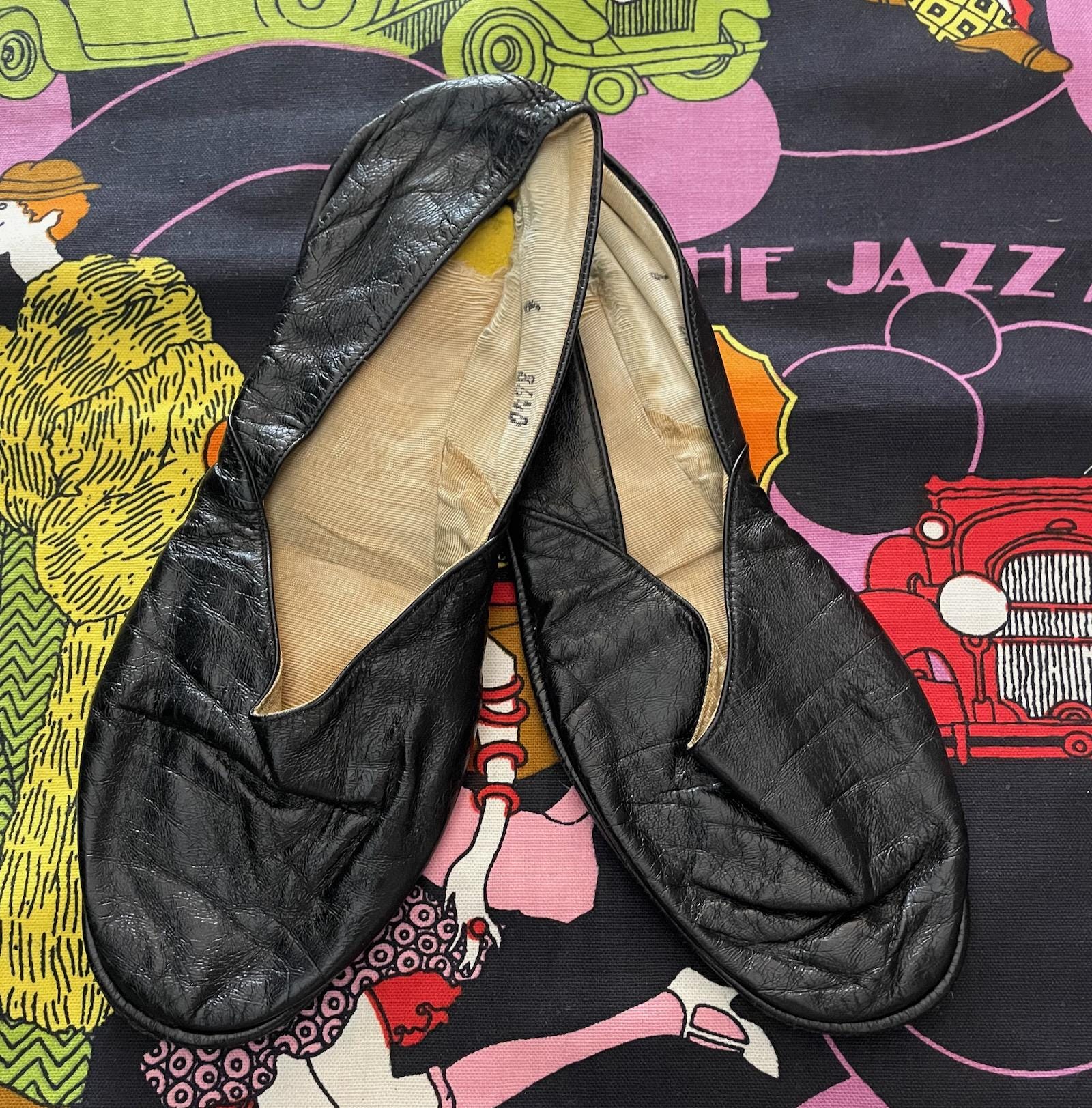 Vintage 1950s Black Soft Leather Mens Lounge House Slippers AS IS
