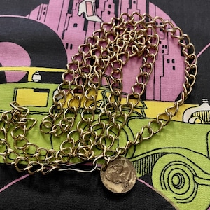 1960s 1970s Vintage Gold Metal Chain Belt with Lucky Coin One Size